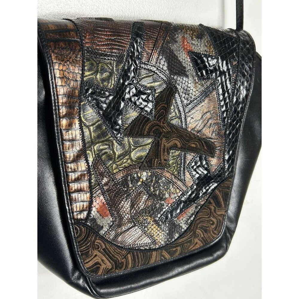 Vintage Sharif Leather Faux Reptile / Vinyl Patchwork Shoulder Bag in Black - Picture 3 of 8